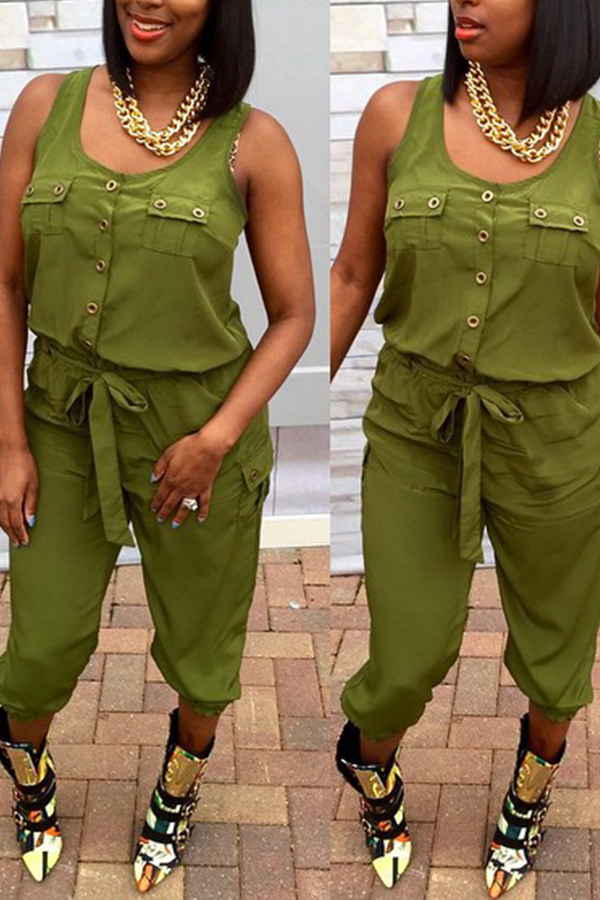

Lovely Casual Buttons Design Green Two-piece Pants Set