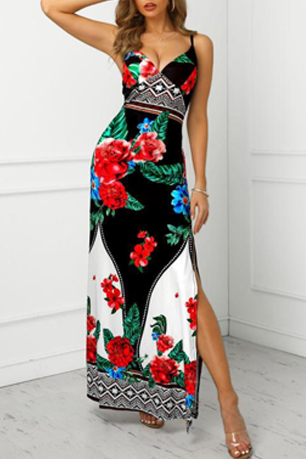 

Lovely Bohemian V Neck Print Black Ankle Length Dress