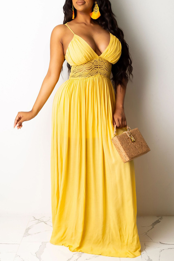 

Lovely Trendy Backless Yellow Maxi Dress