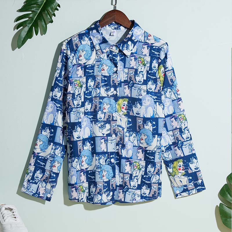 

Lovely Trendy Cartoon Print Blue Shirt
