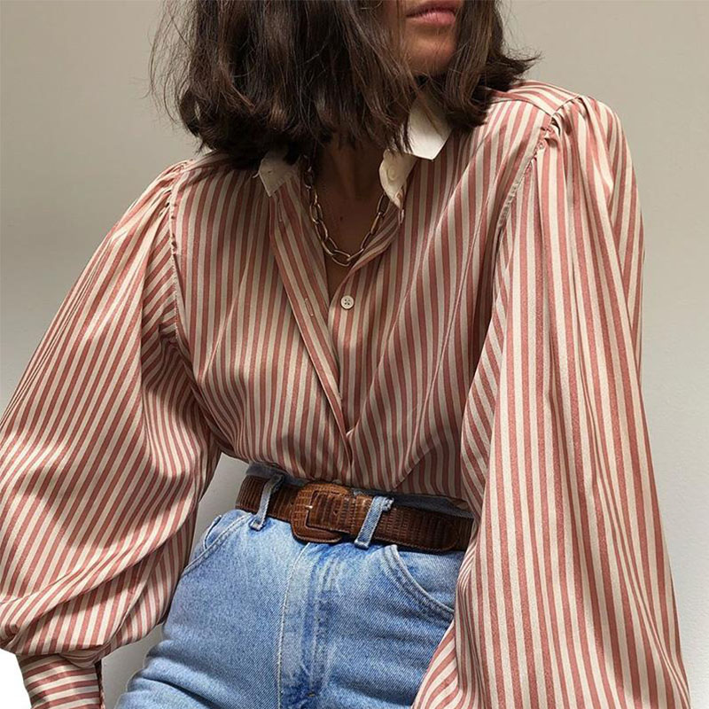 Lovely Trendy Turndown Collar Striped Brown Shirt