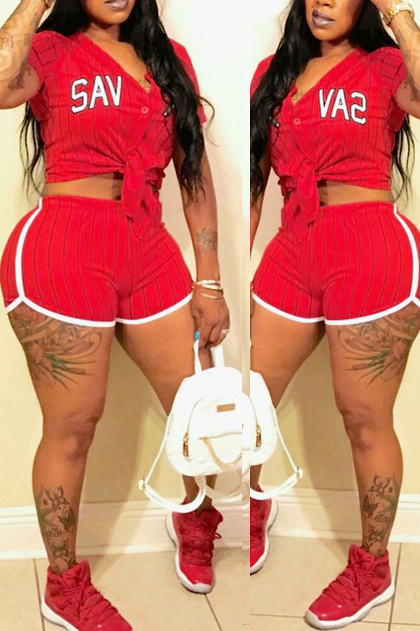 LovelyWholesale Letter Print Striped Shorts Set Summer Short Sleeve Sporty Lace Up V Neck Spring Summer 2024