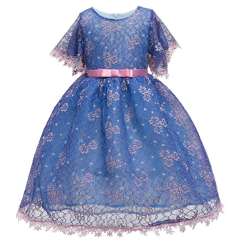 

Lovely Trendy Lace Hem Deep Blue Girl Mid Calf Dress