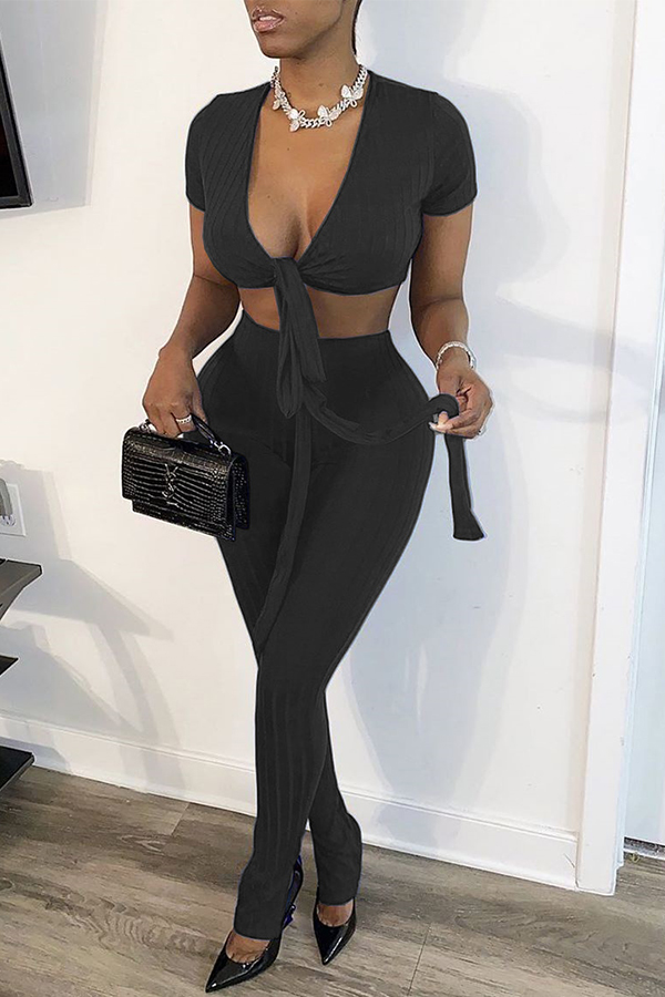 

Lovely Sexy Lace-up Black Two-piece Pants Set