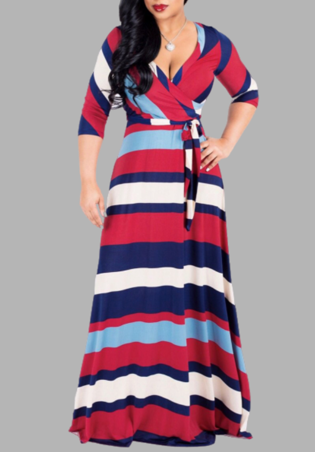 

Lovely Trendy Rainbow Striped Maxi Plus Size Dress, Stripe