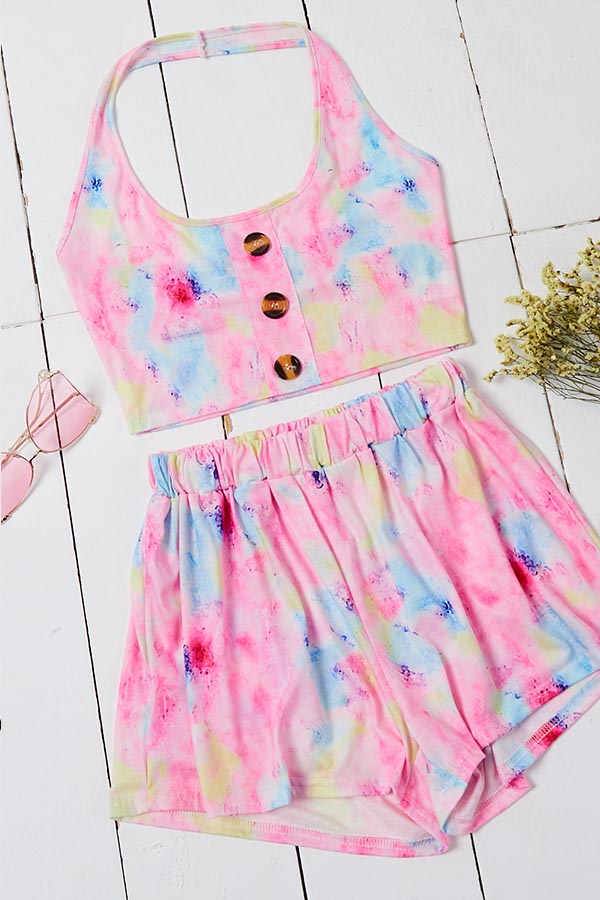 

Lovely Bohemian Tie-dye Pink Two-piece Shorts Set