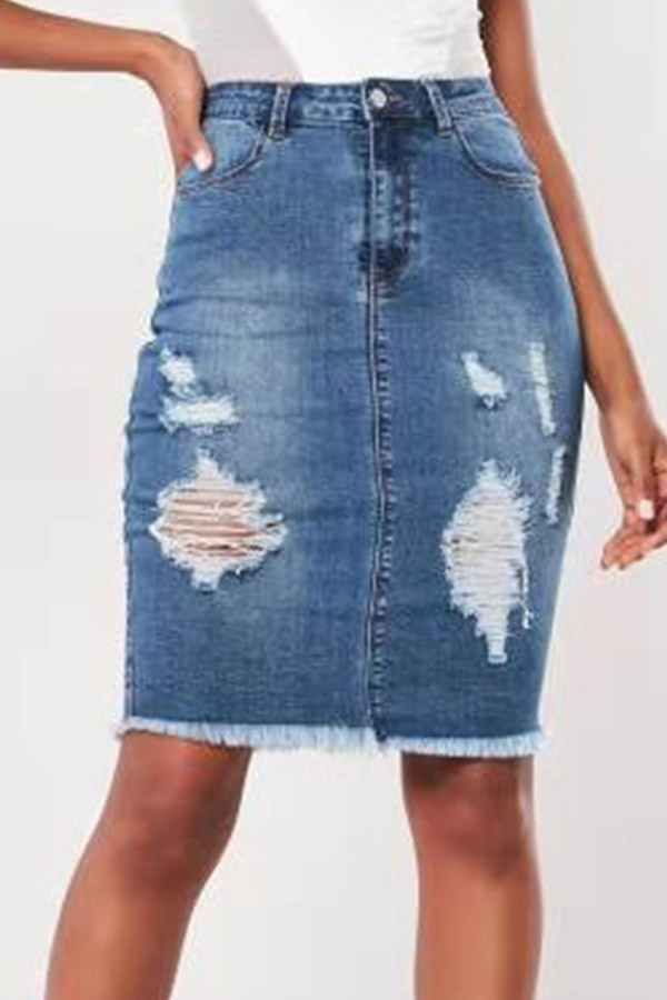 

Lovely Casual Broken Holes Blue Skirt
