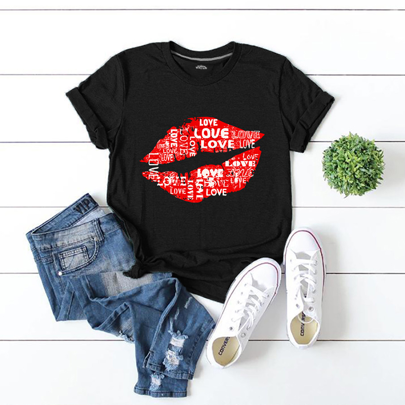 

Lovely Casual Lip Print Black Plus Size T-shirt