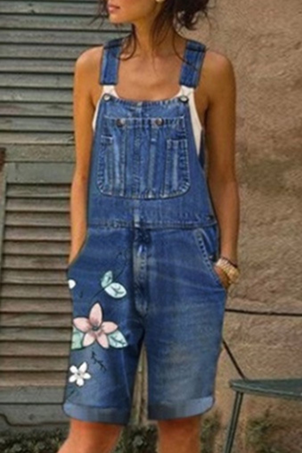 

Lovely Trendy Print Deep Blue Plus Size One-piece Romper
