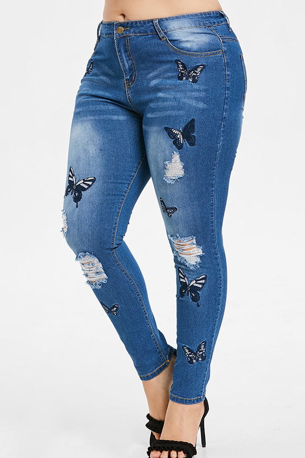 

Lovely Casual Broken Holes Royalblue Plus Size Jeans