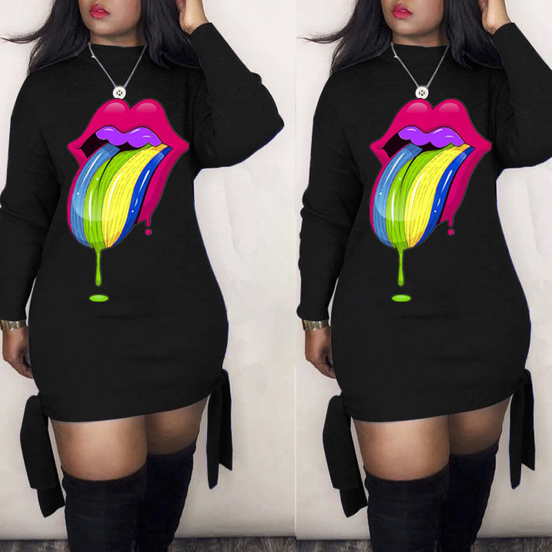 

Lovely Casual Lip Print Black Mini Plus Size Dress