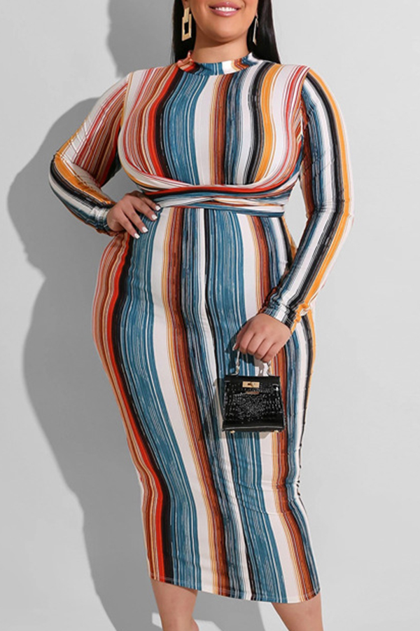 

Lovely Casual Striped Print Mid Calf Plus Size Dress, Stripe