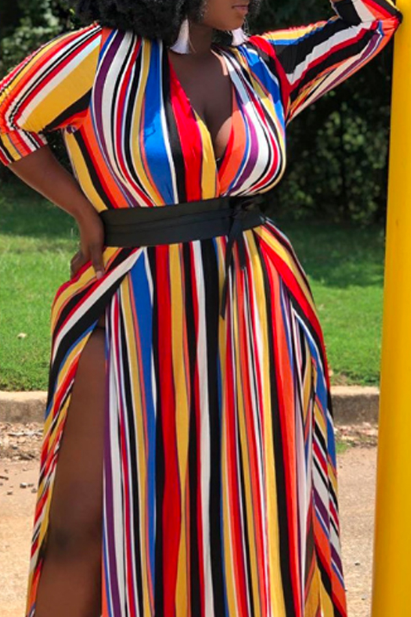 

Lovely Casual Rainbow Striped Ankle Length Plus Size Dress, Stripe