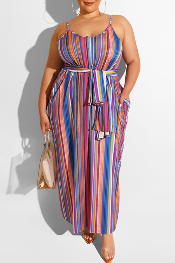 

Lovely Casual Striped Rose Red Maxi Plus Size Dress