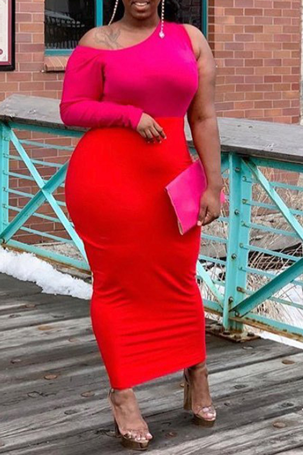 

Lovely Casual One Shoulder Red Ankle Length Plus Size Dress