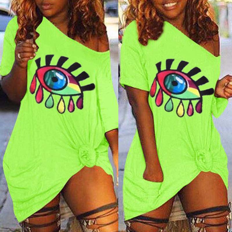 

Lovely Casual Eye Print Green Mini Plus Size Dress