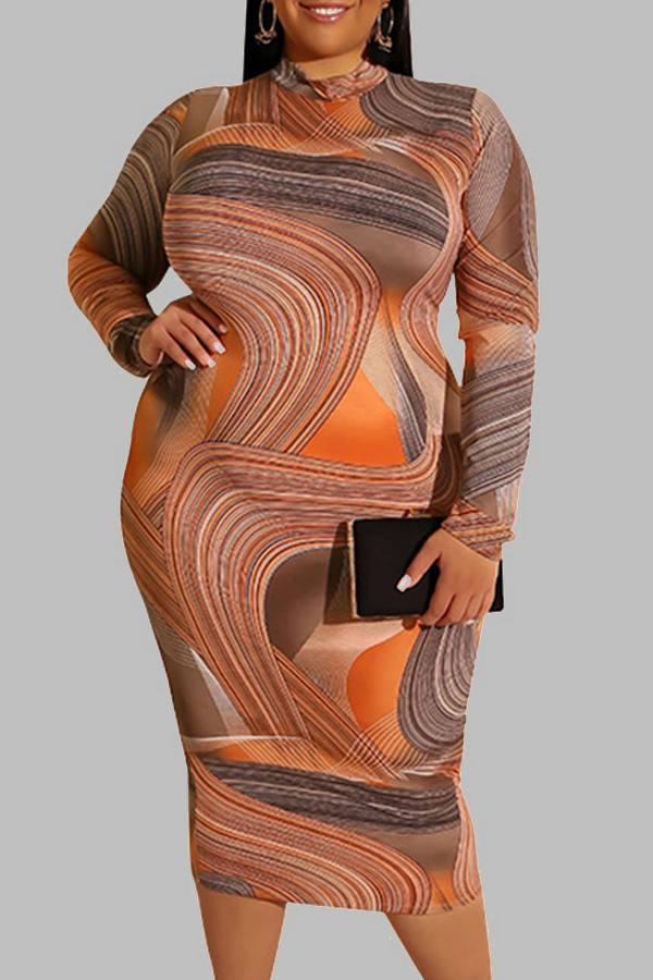 

Lovely Trendy Print Orange Knee Length Plus Size Dress