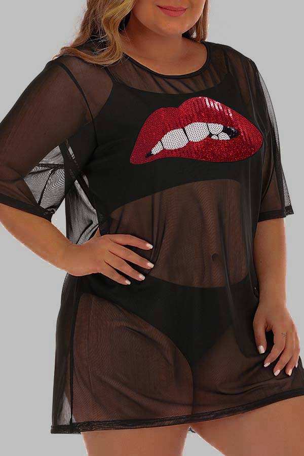 

Lovely Leisure O Neck Lip Print Black Plus Size T-shirt