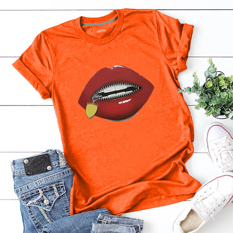 

Lovely Trendy Lip Print Orange T-shirt