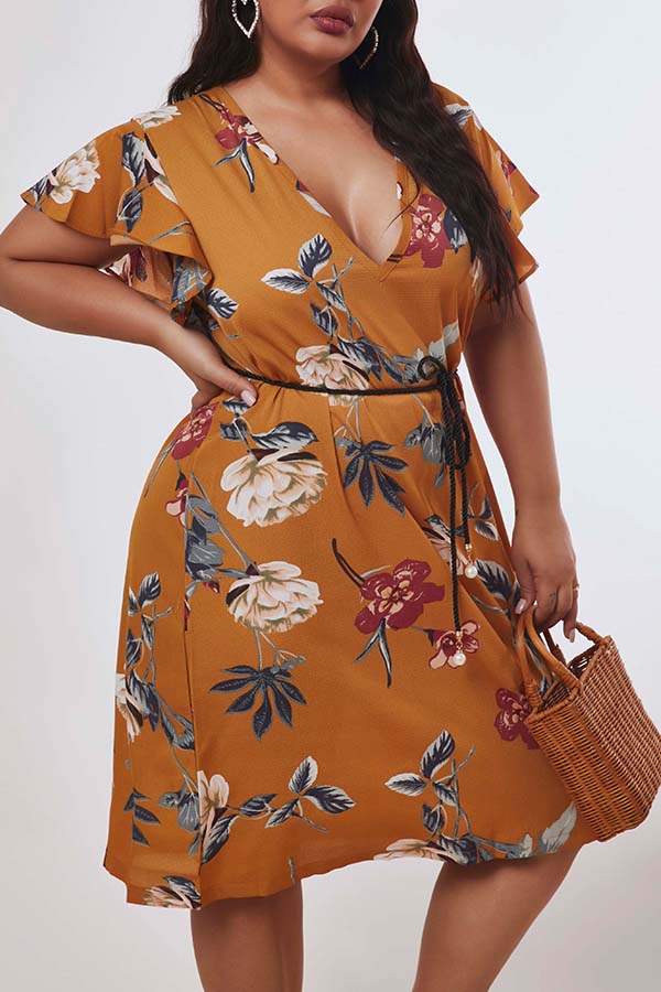 

Lovely Trendy Print Yellow Knee Length Plus Size Dress