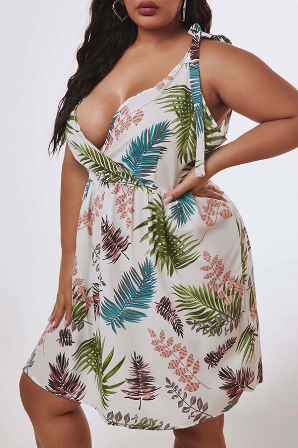 

Lovely Sexy Plants Print White Mini Plus Size Dress