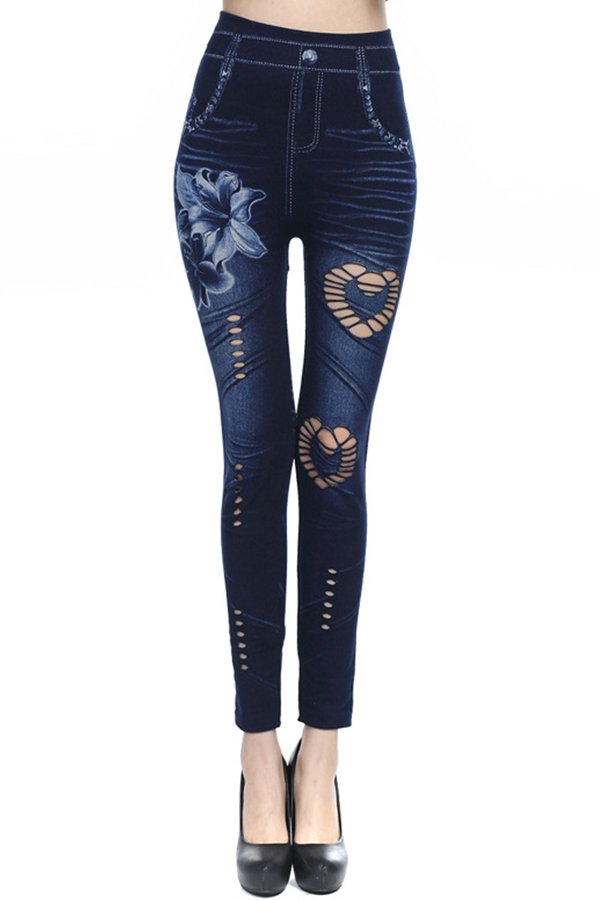 

Lovely Casual Hollow-out Blue Plus Size Leggings