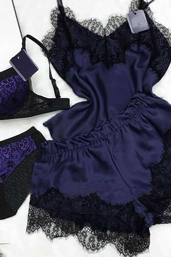 

Lovely Sexy Lace Hem Deep Blue Sleepwear