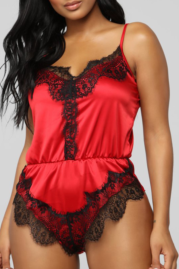 

Lovely Sexy Lace Patchwork Red Sleepwear