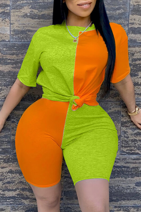 

Lovely Casual O Neck Patchwork Orange Plus Size Two-piece Shorts Set