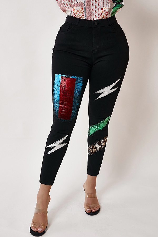 lovely casual print black jeans_jeans_bottoms_lovelywholesale