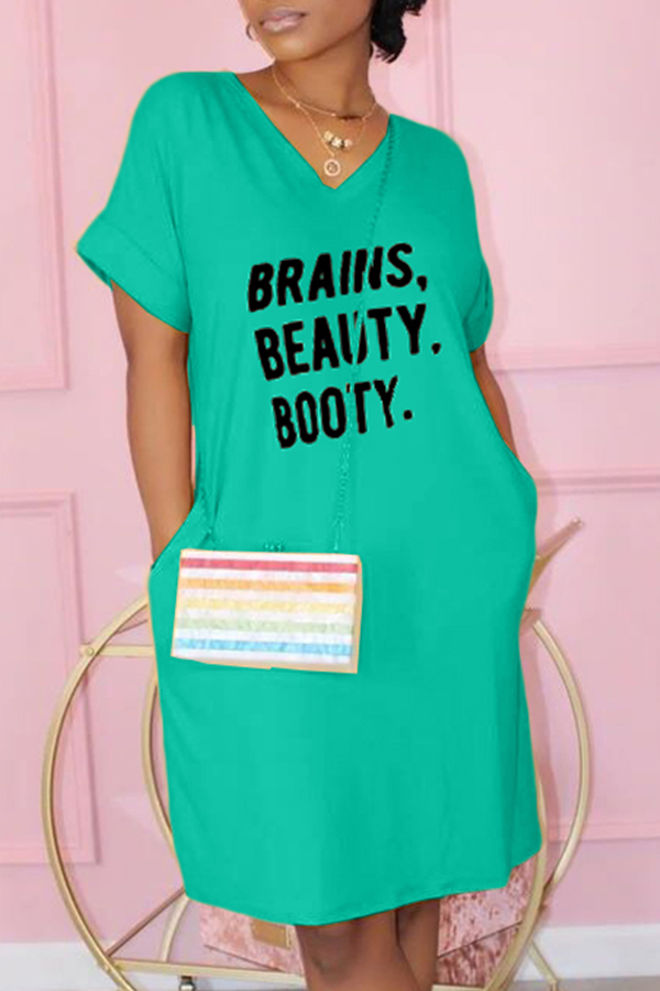 

Lovely Casual Letter Green Knee Length Dress