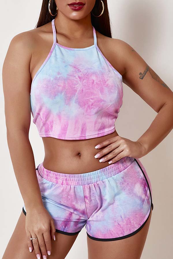 

Lovely Bohemian Tie-dye Purple Two-piece Shorts Set