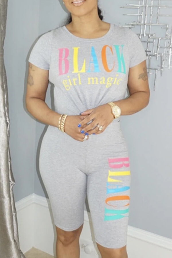 

Lovely Sportswear Letter Print Grey Two-piece Shorts Set