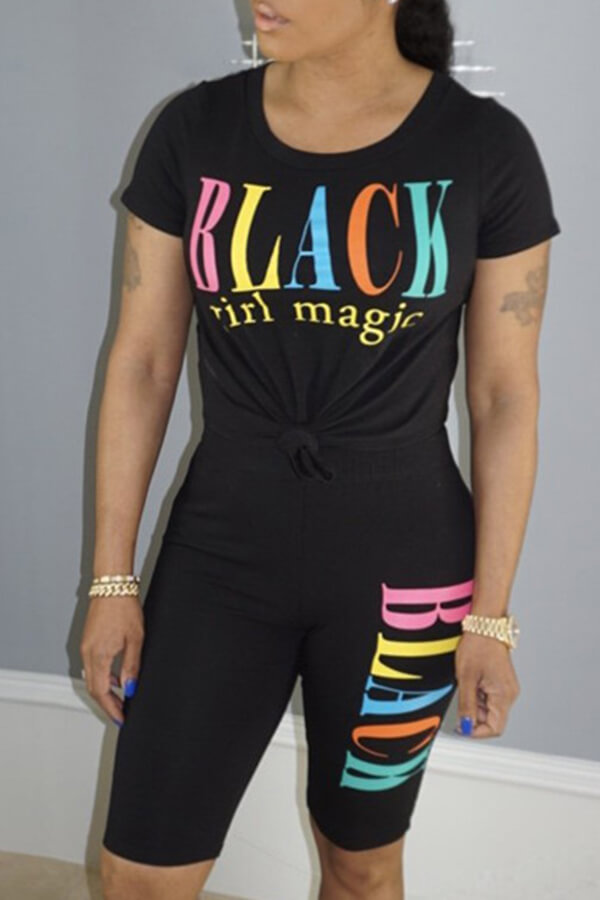 

Lovely Sportswear Letter Print Black Two-piece Shorts Set