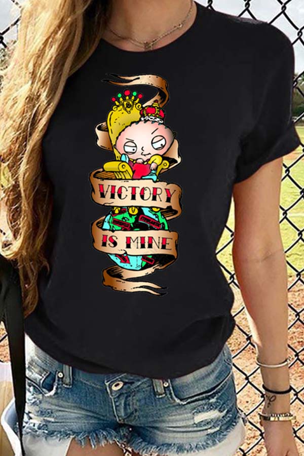 

Lovely Casual O Neck Print Black T-shirt