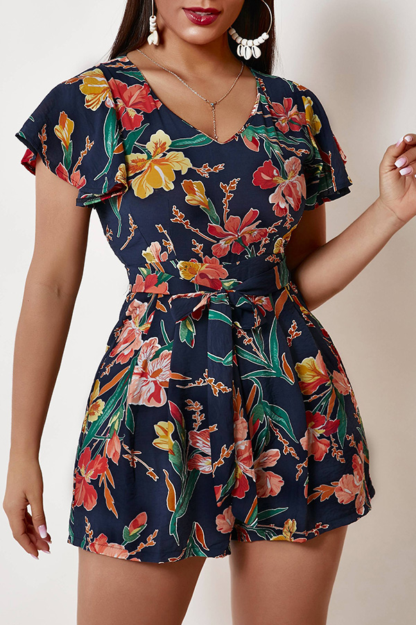 

Lovely Trendy Plants Print Blue One-piece Romper