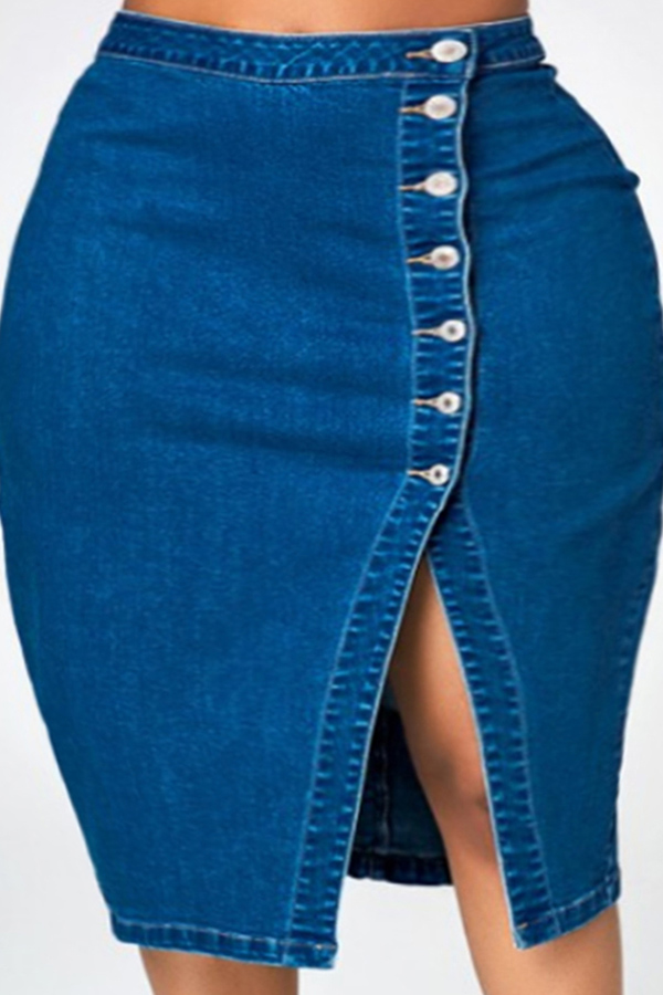 

Lovely Casual Buttons Design Blue Plus Size Skirt