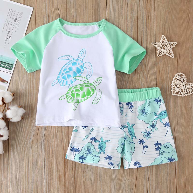 

Lovely Casual Cartoon Print White Boy Two-piece Shorts Set