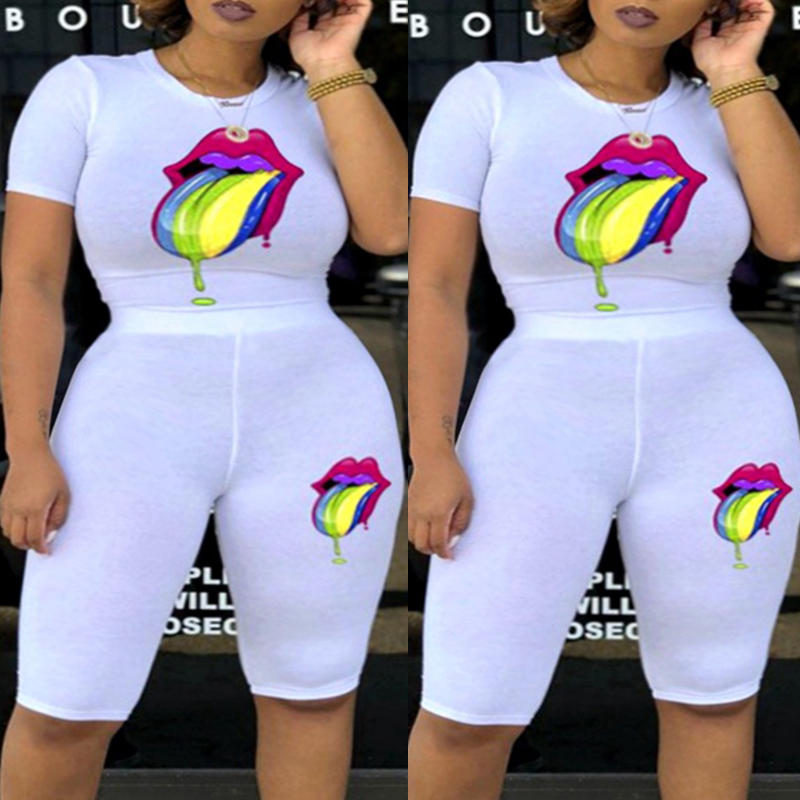 

Lovely Casual Lip Print White Plus Size Two-piece Shorts Set