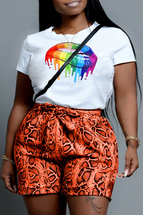 

Lovely Casual Lip Print Orange Plus Size Two-piece Shorts Set