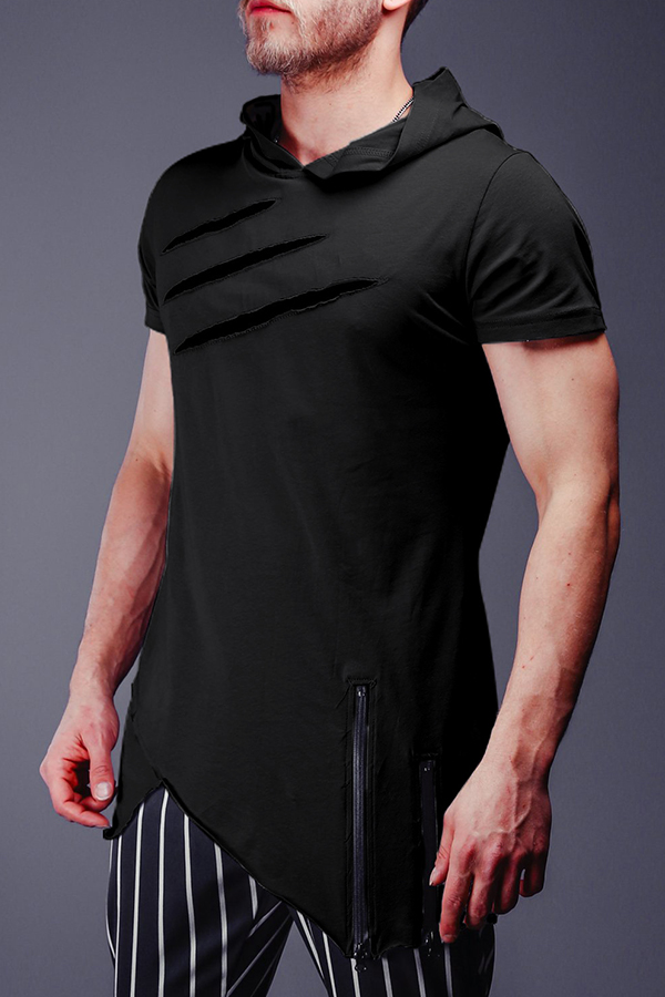 

Lovely Leisure Hooded Collar Zipper Design Black T-shirt