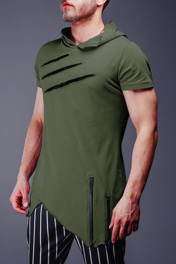 

Lovely Leisure Hooded Collar Zipper Design Green T-shirt