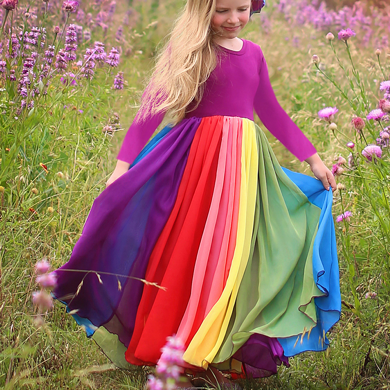 

Lovely Trendy Rainbow Striped Rose Red Girl Ankle Length Dress