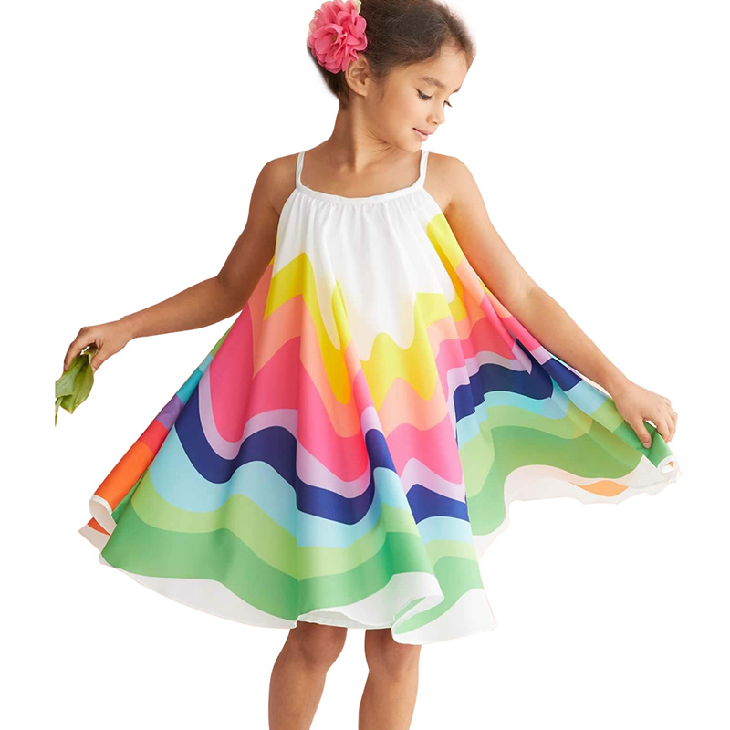 

Lovely Trendy Rainbow Striped White Girl Knee Length Dress