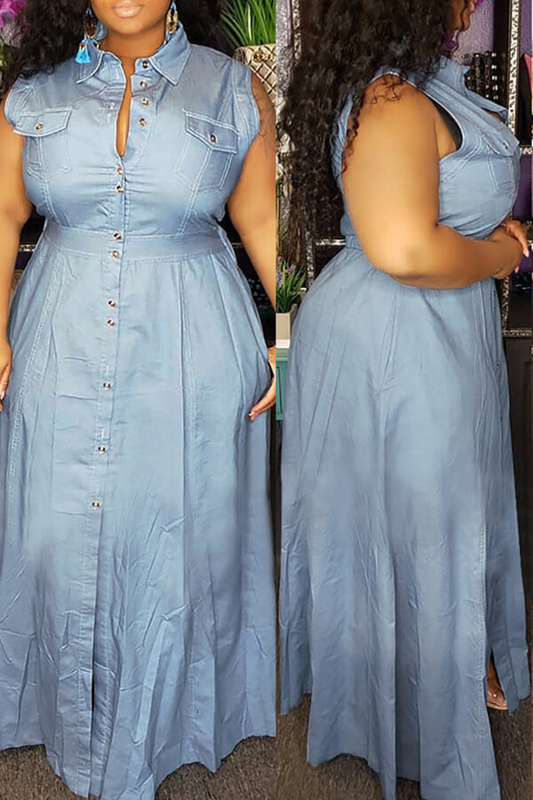 

Lovely Trendy Buttons Design Blue Maxi Plus Size Dress