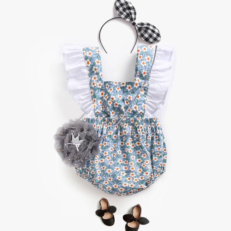 

Lovely Sweet Floral Print Baby Blue Girl One-piece Romper