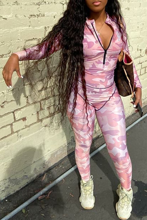 

Lovely Casual Print Light Pink One-piece Jumpsuit