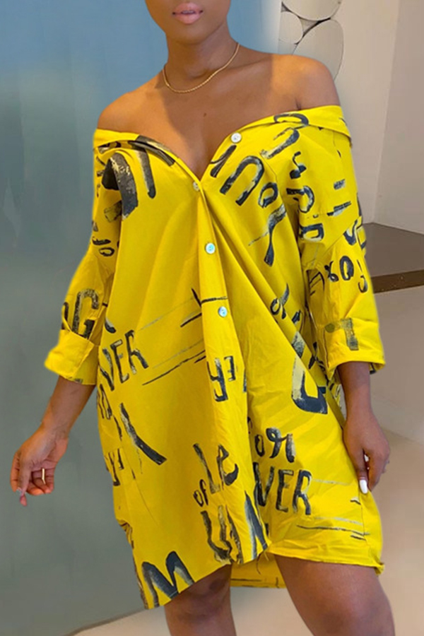 

Lovely Casual Letter Print Yellow Knee Length Dress