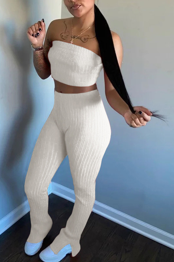 

Lovely Trendy Dew Shoulder Skinny White Two-piece Pants Set