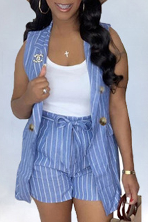 

Lovely Casual Striped Blue Two-piece Shorts Set